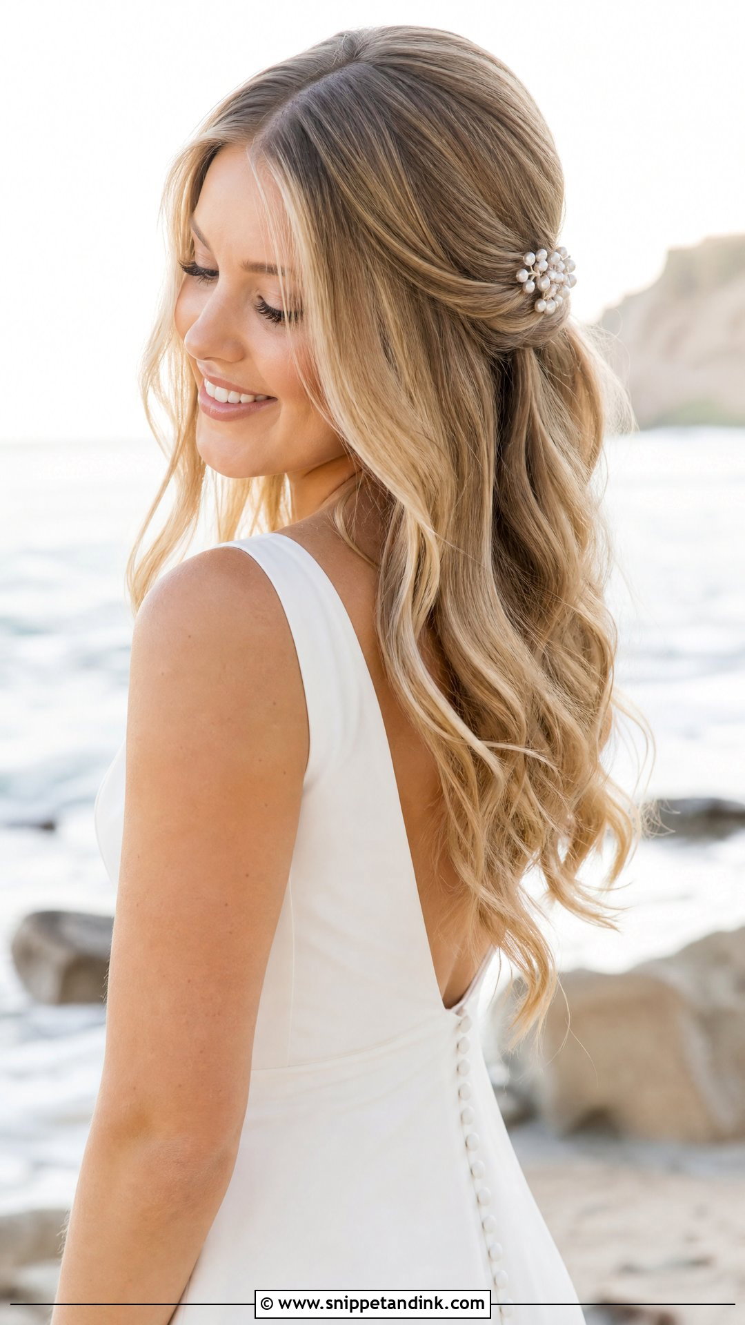 Bridal Loose Waves With Pearl Brooch - Snippet and Ink - 15 Bridal Hair Brooch Ideas