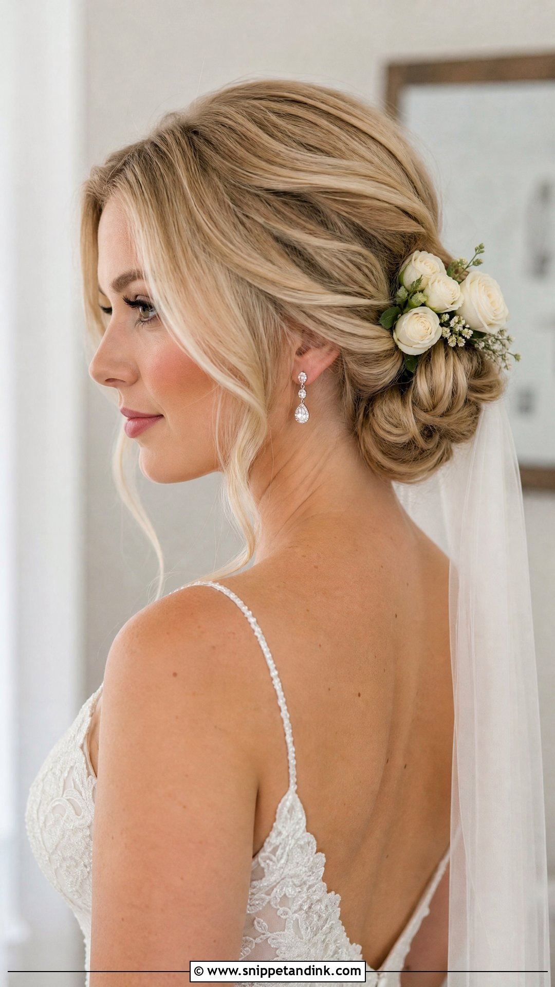 Bridal Low Bun With Flowers - Snippet and Ink - 15 Bridal Updo with Flowers Ideas
