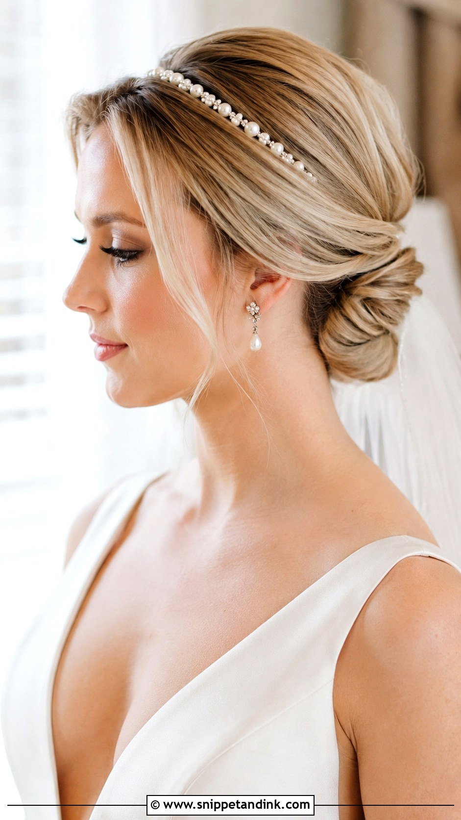 Bridal Low Bun With Pearl Headband - Snippet and Ink - 15 Wedding Hair Accessories Headpieces