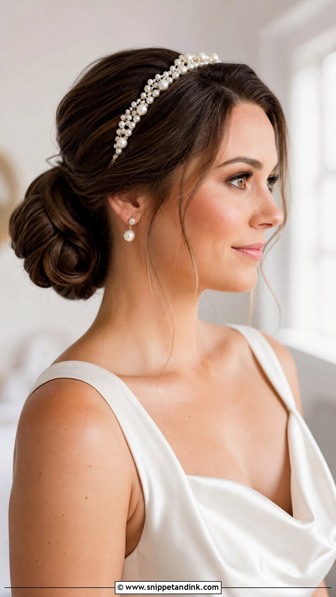 Bridal Low Bun With Pearl Headband - Snippet and Ink - 15 Bridal Hairstyle with Headband Ideas