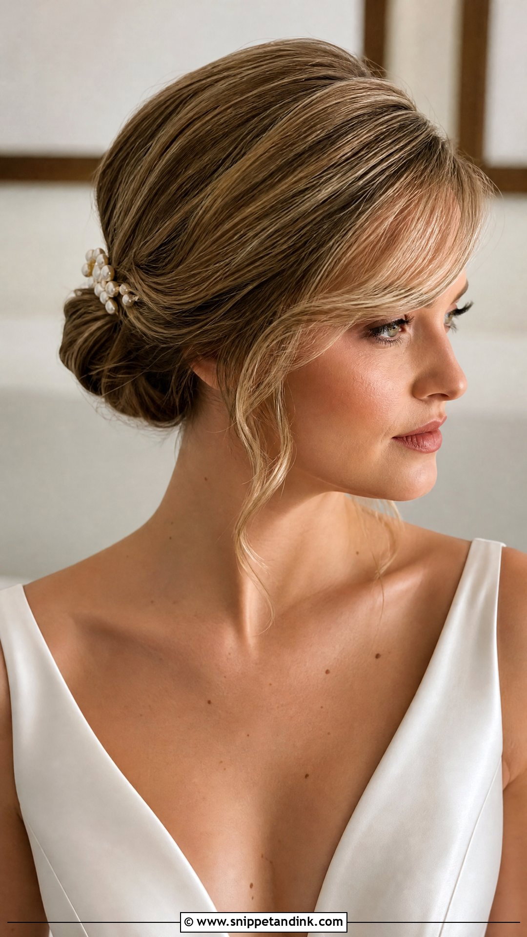 Bridal Low Bun With Side Bangs - Snippet and Ink - 15 Bridal Hairstyles for Big Foreheads