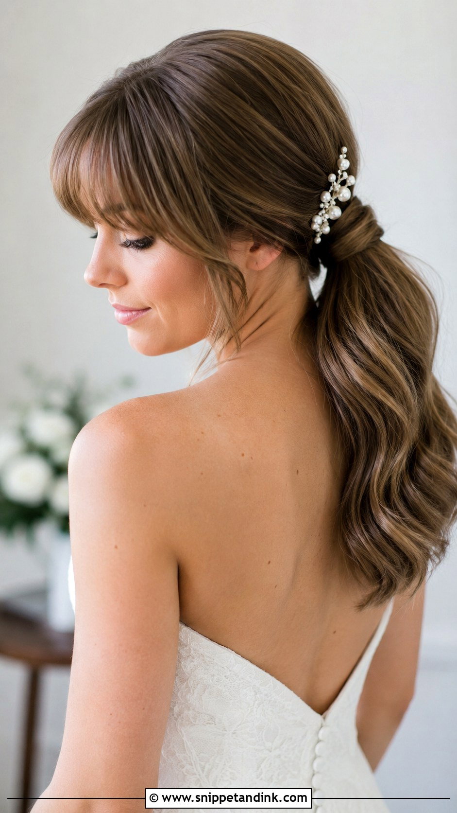Bridal Low Ponytail With Bangs - Snippet and Ink - 20 Bridal Hairstyle with Bangs