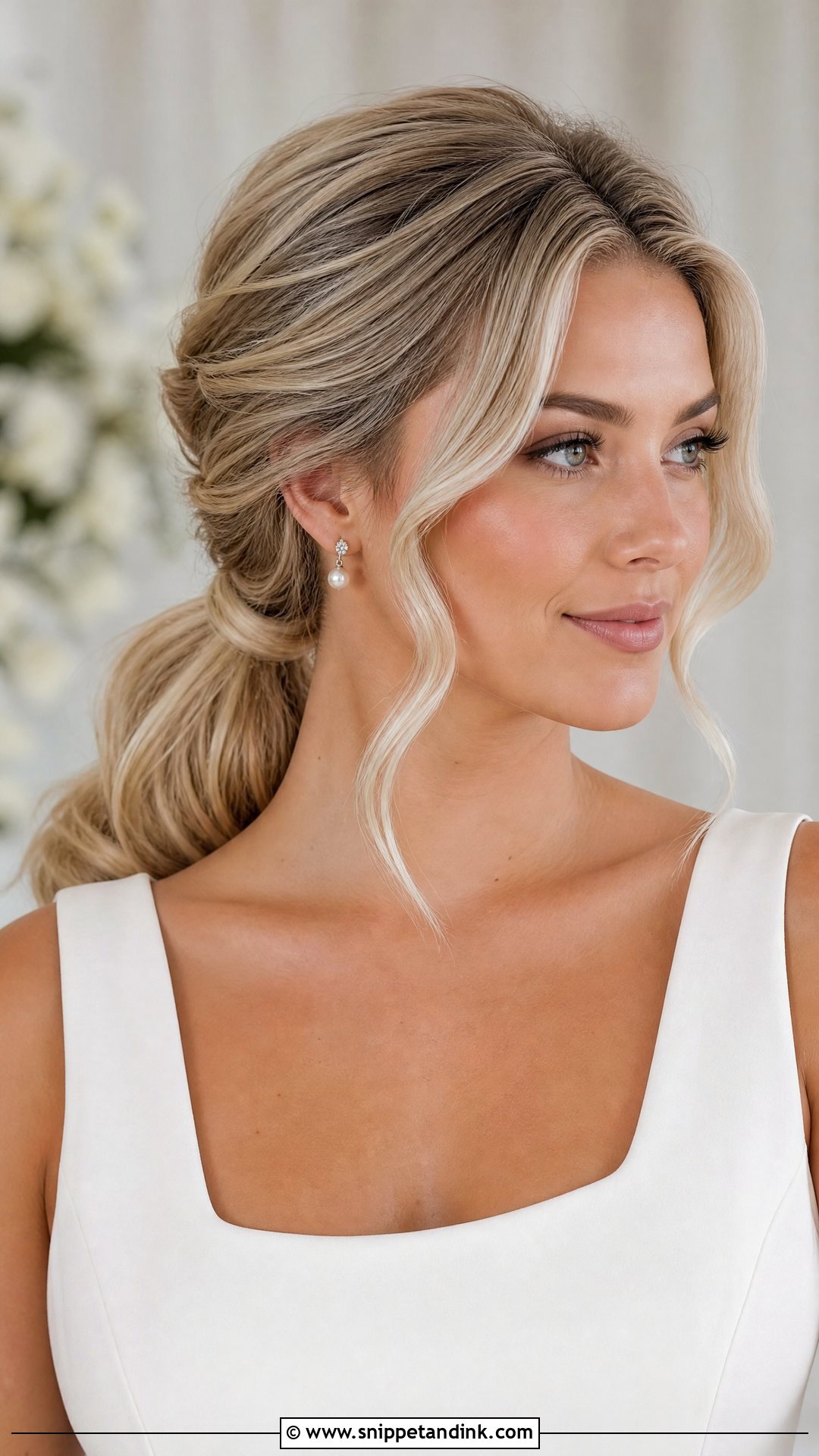 Bridal Low Ponytail With Face Framing Waves - Snippet and Ink - 15 Front Hair Styles for Bride