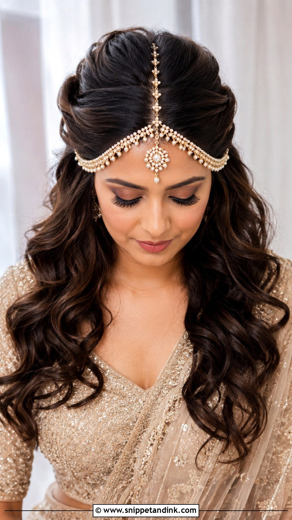Bridal Mathapatti Half Up Curls - Snippet and Ink - 20 Bridal Mathapatti Hairstyles