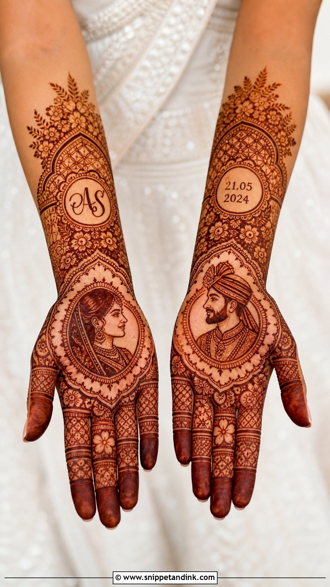 Bridal Mehndi Design With Bride And Groom Portrait - Snippet and Ink - 25 Mehndi Designs for Wedding