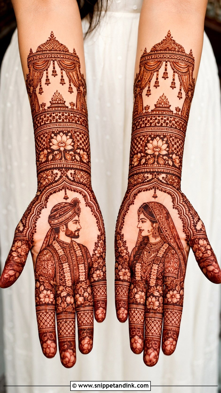 Bridal Mehndi Design With Bride And Groom Portrait - Snippet and Ink - 30 Bridal Mehndi Design Ideas