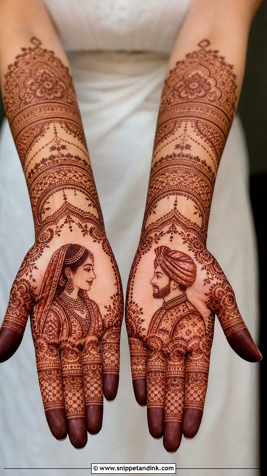 Bridal Mehndi With Bride And Groom Portrait - Snippet and Ink - 30 Bridal Hands Mehndi Designs