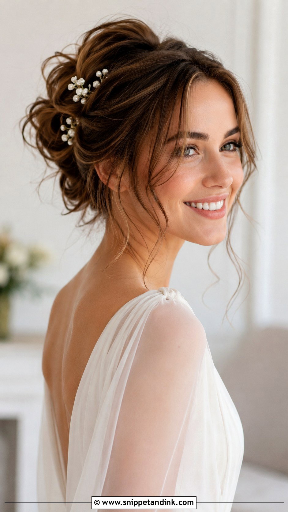 Bridal Messy Bun With Curtain Bangs - Snippet and Ink - 20 Bridal Hair Curtain Bangs