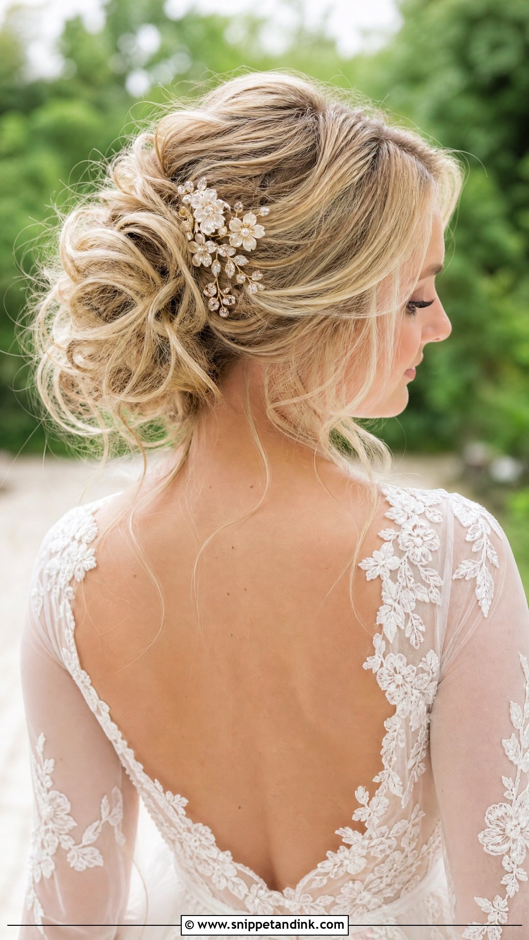 Bridal Messy Bun With Floral Brooch - Snippet and Ink - 15 Bridal Hair Brooch Ideas