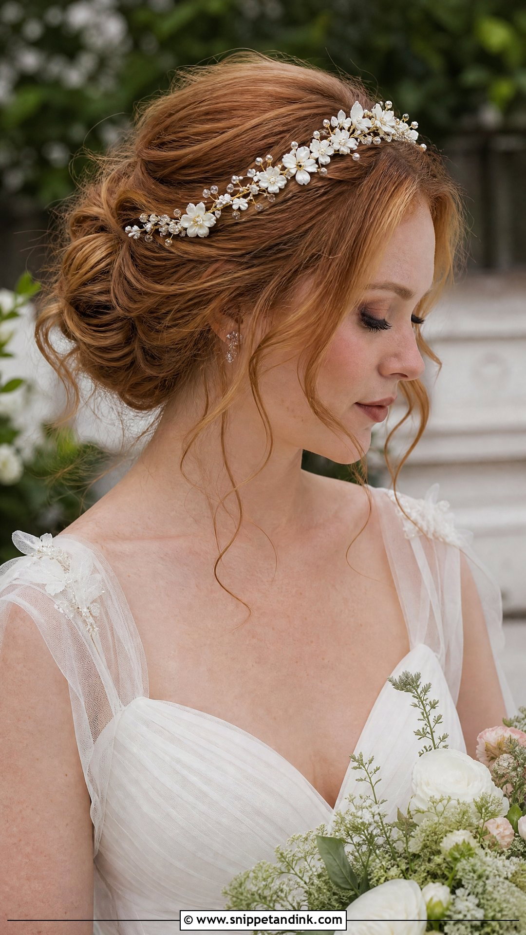 Bridal Messy Bun With Floral Headband - Snippet and Ink - 15 Bridal Hairstyle with Headband Ideas