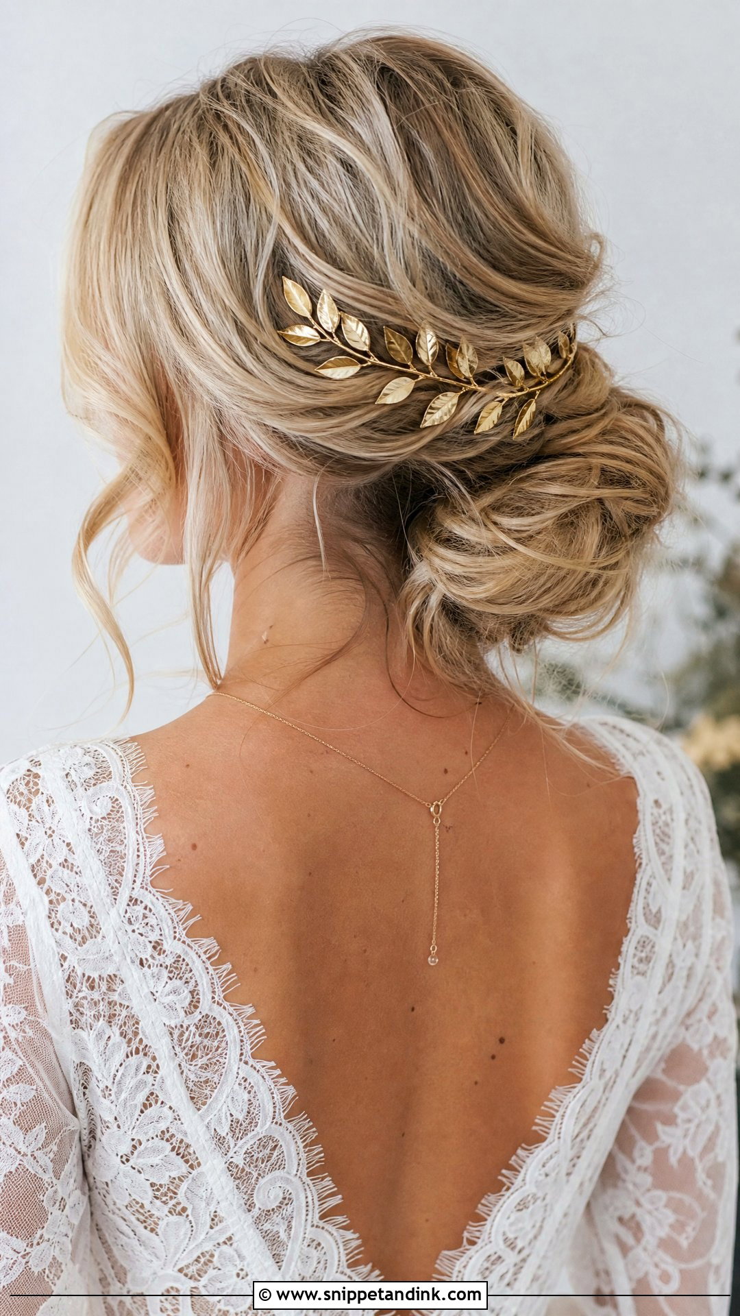 Bridal Messy Bun With Leaf Hair Piece - Snippet and Ink - 15 Bridal Hair with Hair Piece Ideas