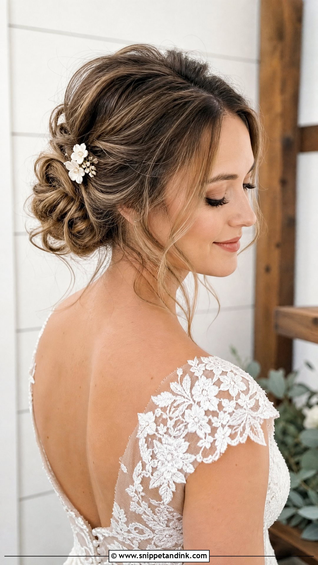 Bridal Messy Bun With Loose Tendrils - Snippet and Ink - 15 Bridal Hairstyles for Big Foreheads