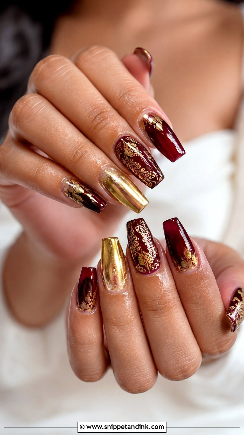 Bridal Nails With Burgundy And Gold - Snippet and Ink - 30 Bridal Nail Art Indian Ideas