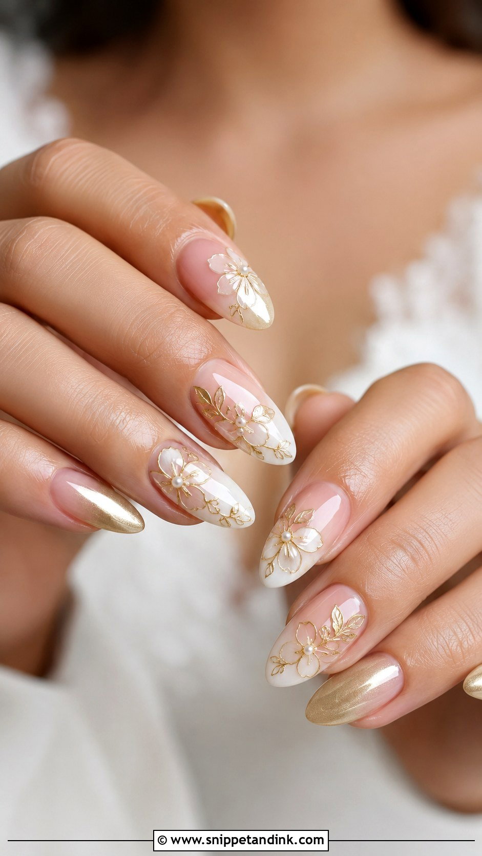 Bridal Nails With Gold Flowers - Snippet and Ink - 20 Bridal Nails with Gold