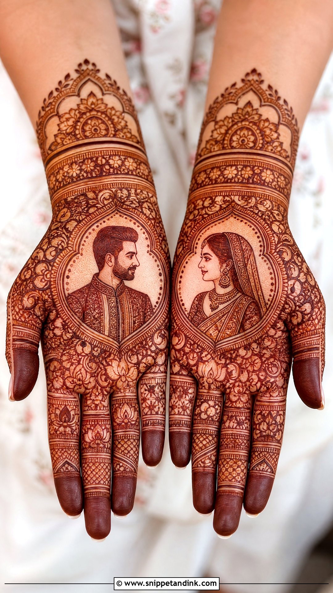 Bridal Palm Mehndi Design With Bride And Groom - Snippet and Ink - 20 Bridal Palm Mehndi Design Ideas
