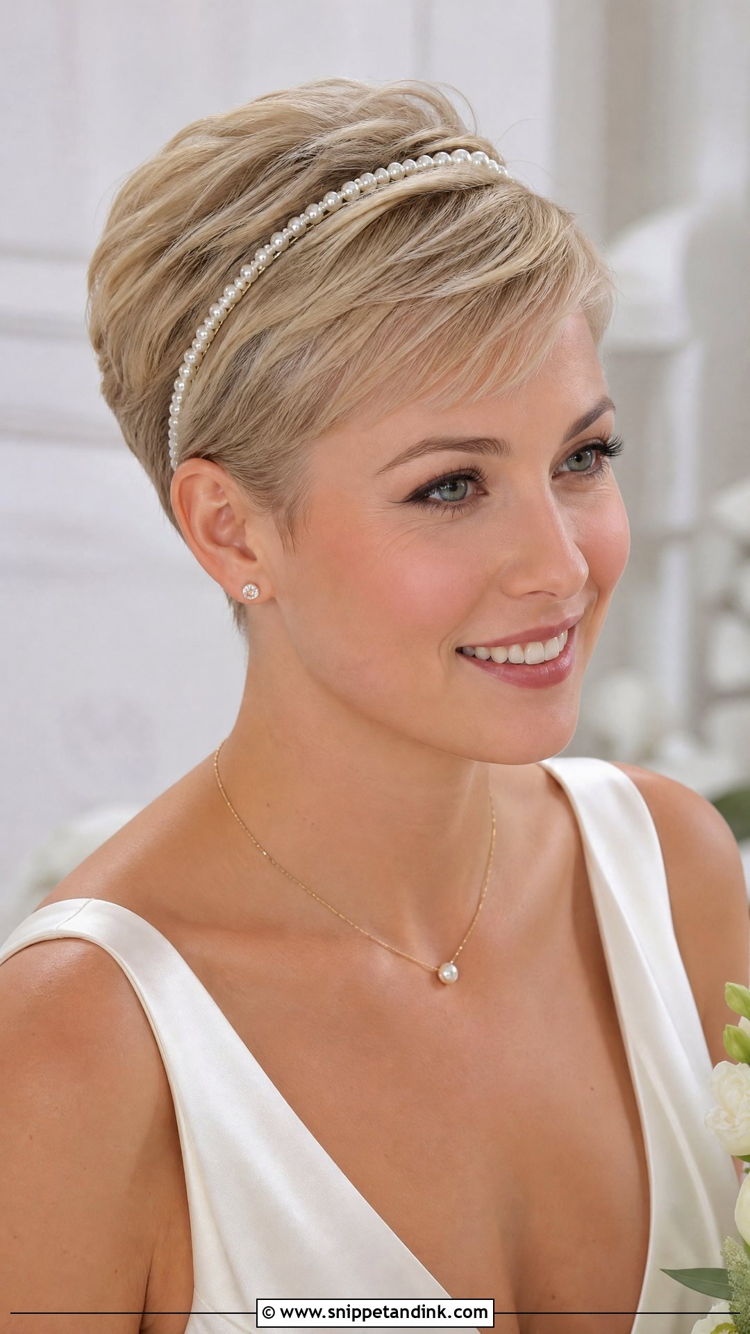 Bridal Pixie Cut With Pearl Headband - Snippet and Ink - 15 Bridal Pixie Hairstyles