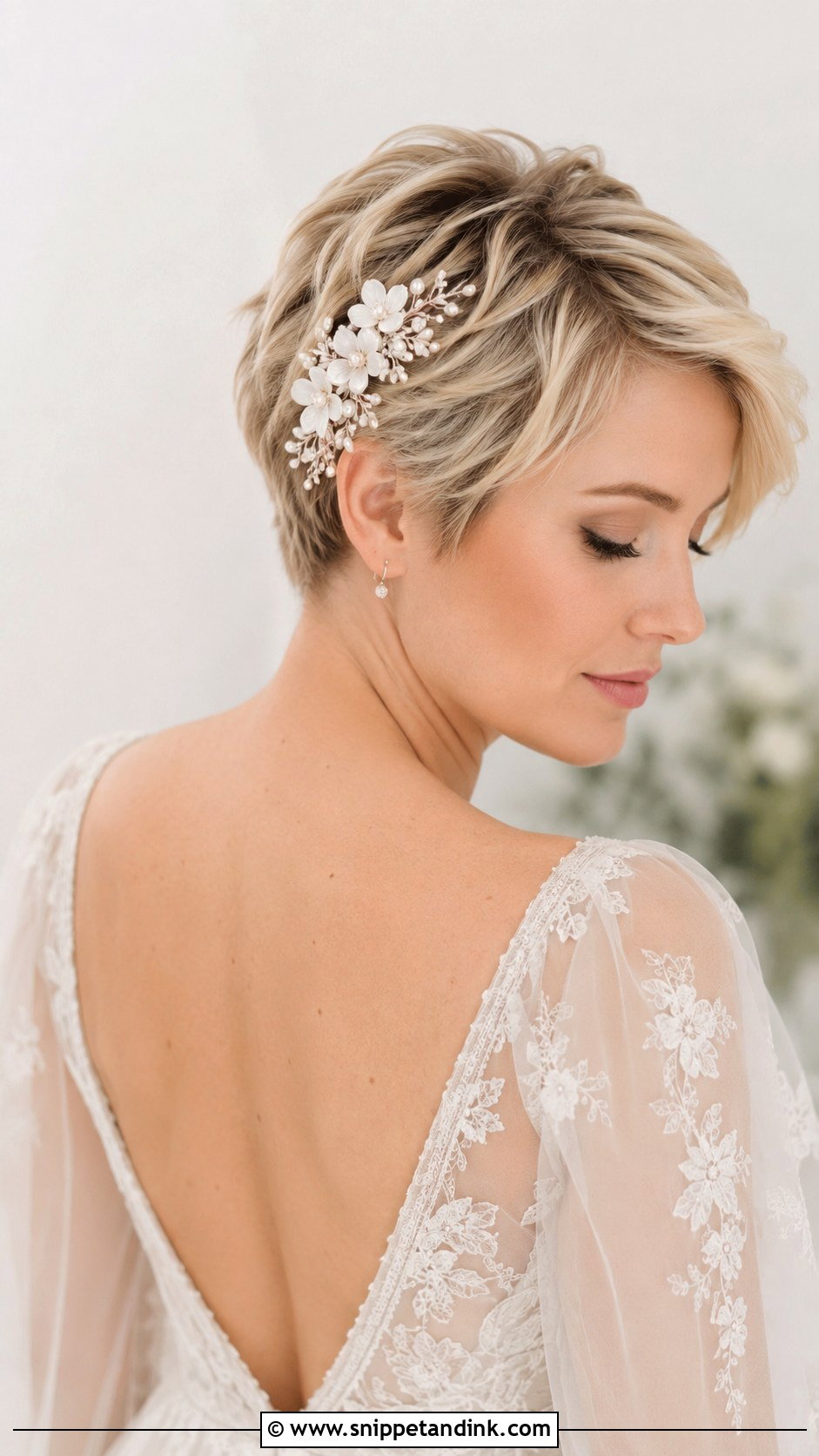 Bridal Pixie With Floral Hair Comb - Snippet and Ink - 20 Bridal Pixie Ideas