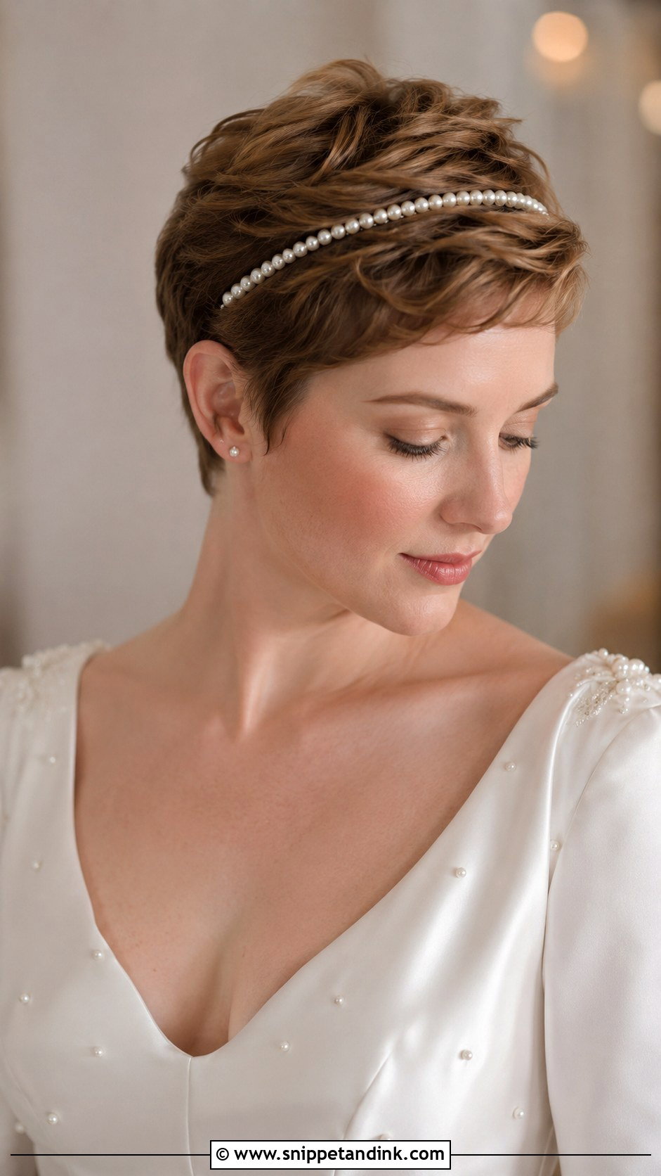 Bridal Pixie With Pearl Headband - Snippet and Ink - 20 Bridal Pixie Ideas