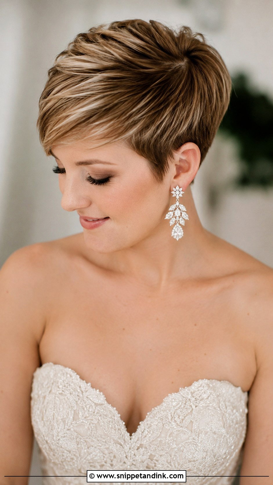 Bridal Pixie With Statement Earrings - Snippet and Ink - 30 Short Wedding Hairstyles