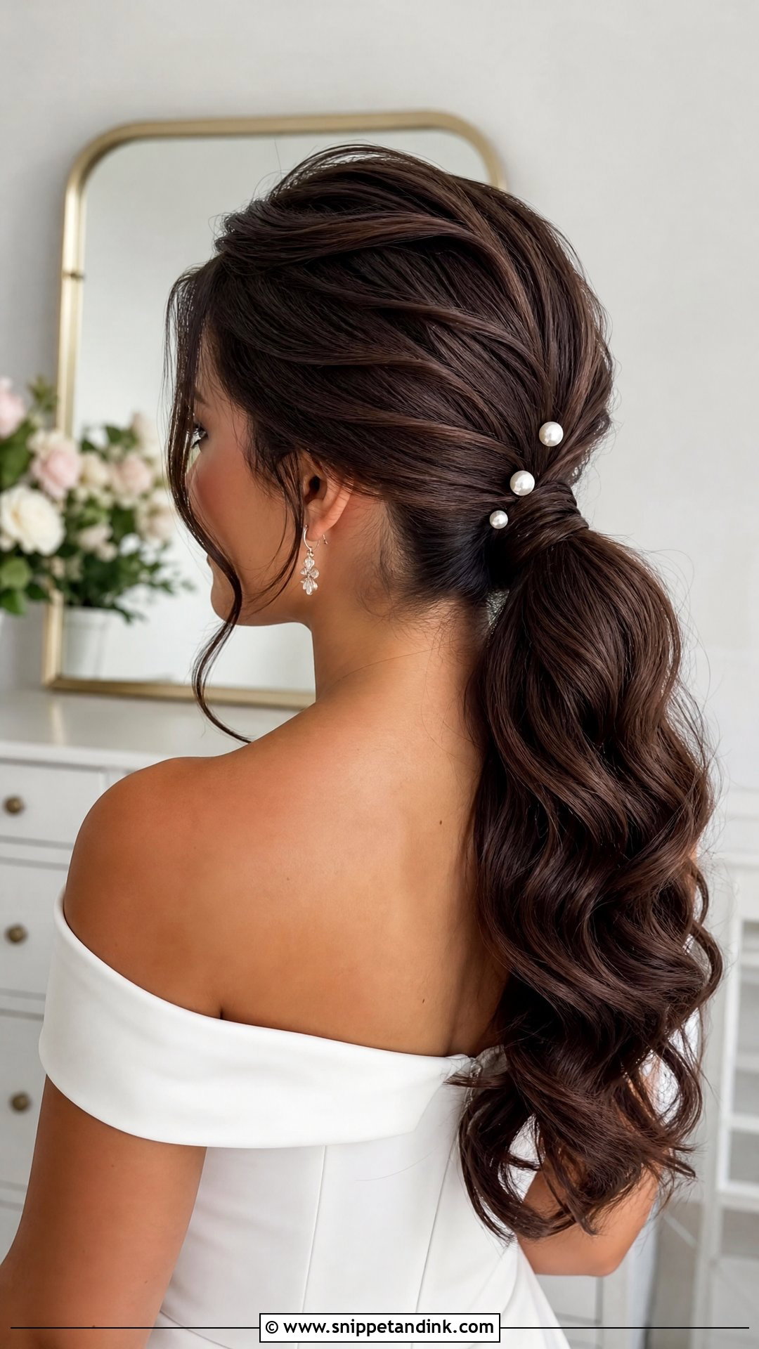 Bridal Ponytail Wedding Hairstyle For Off The Shoulder Dress - Snippet and Ink - 20 Off the Shoulder Wedding Hairstyles