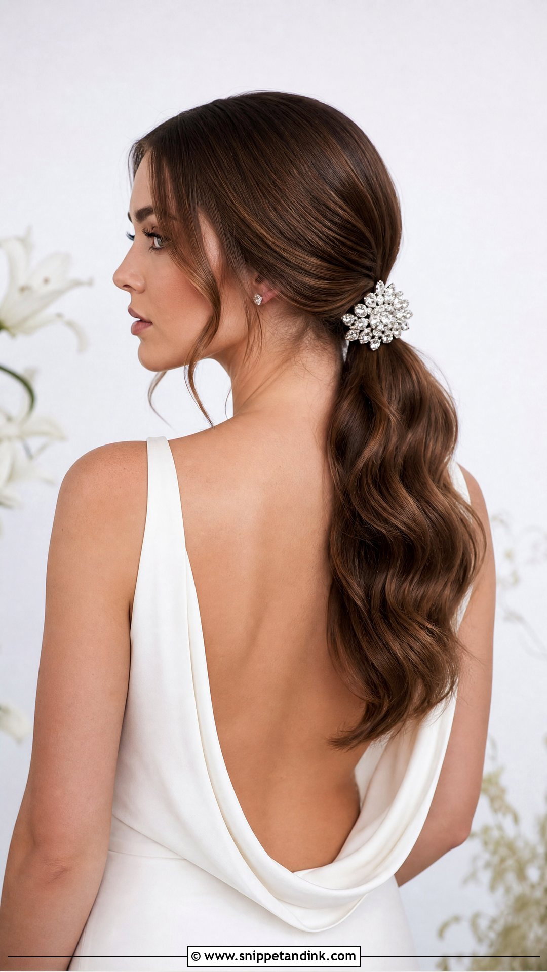 Bridal Ponytail With Statement Brooch - Snippet and Ink - 15 Bridal Hair Brooch Ideas