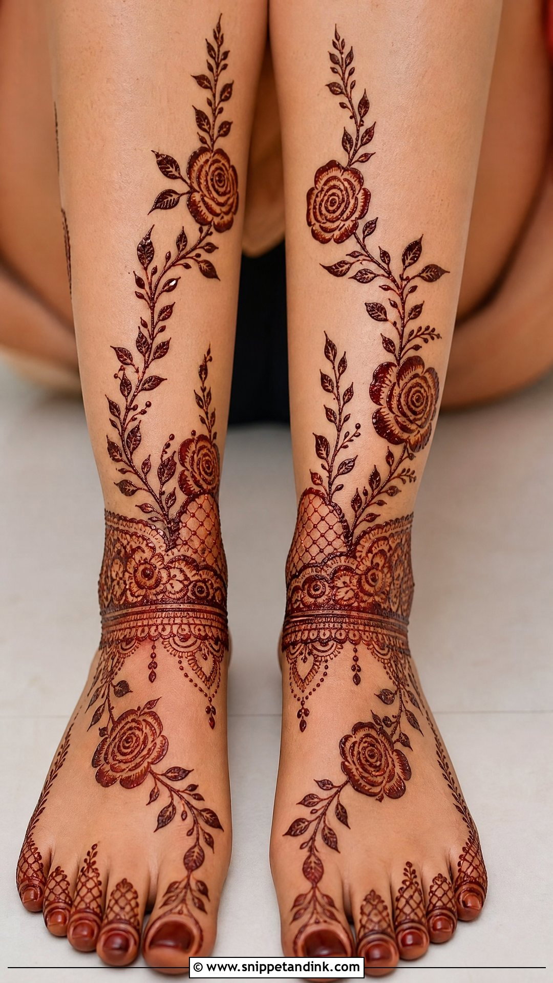 Bridal Rose Leg Mehndi Design - Snippet and Ink - 20 Bridal Rose Mehndi Designs