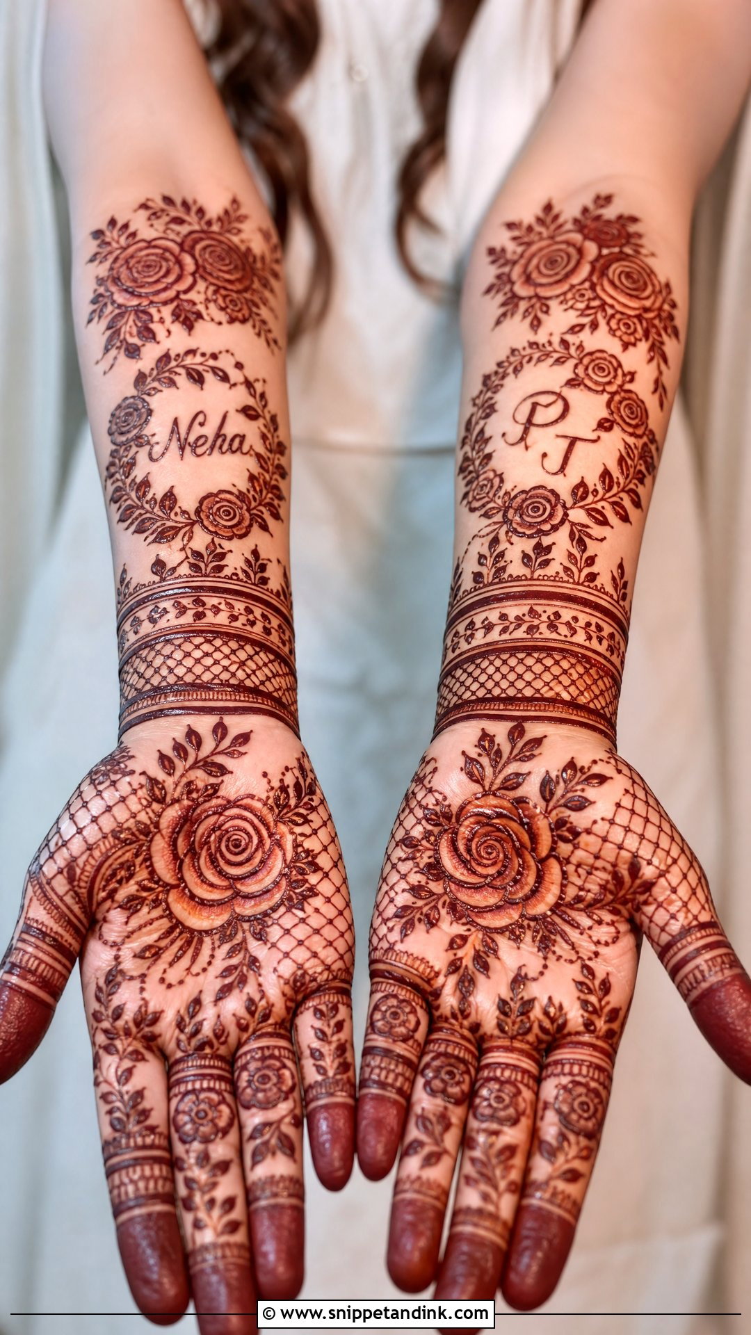 Bridal Rose Name Mehndi Design - Snippet and Ink - 20 Bridal Rose Mehndi Designs