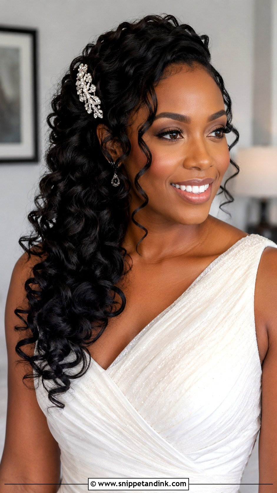 Bridal Side Swept Curls Black Hair - Snippet and Ink - 20 Bridal Hair Black Hair Ideas