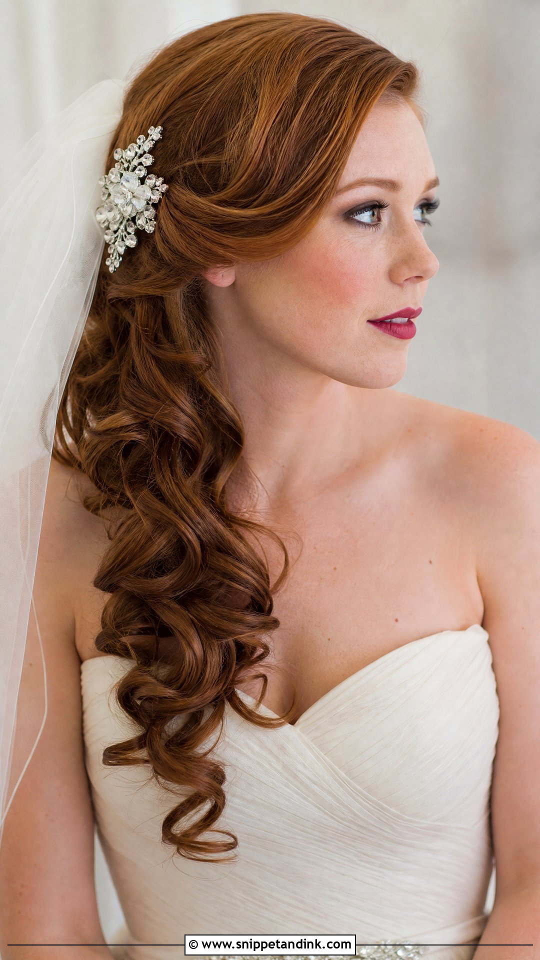 Bridal Side Swept Curls With Brooch - Snippet and Ink - 15 Bridal Hair Brooch Ideas