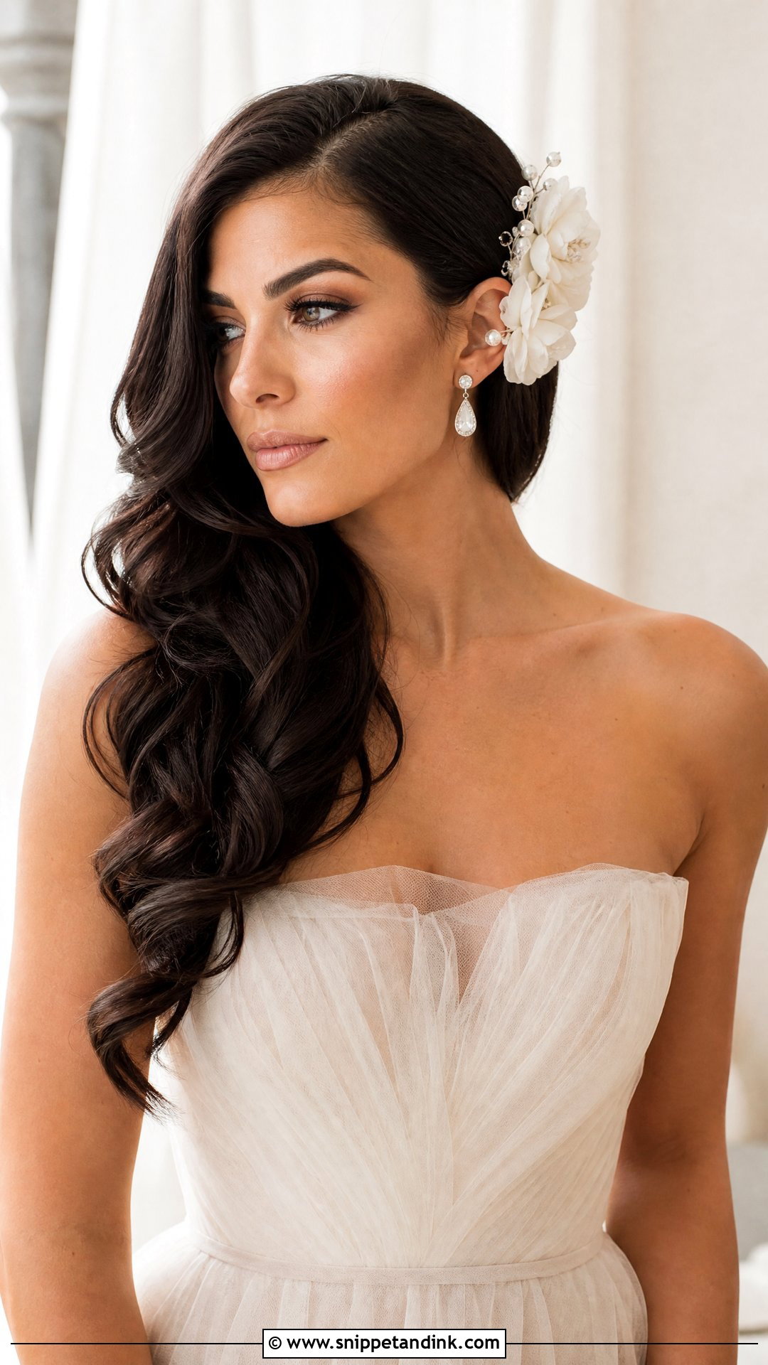 Bridal Side Swept Hair With Flower Clip - Snippet and Ink - 15 Bridal Hair with Hair Piece Ideas