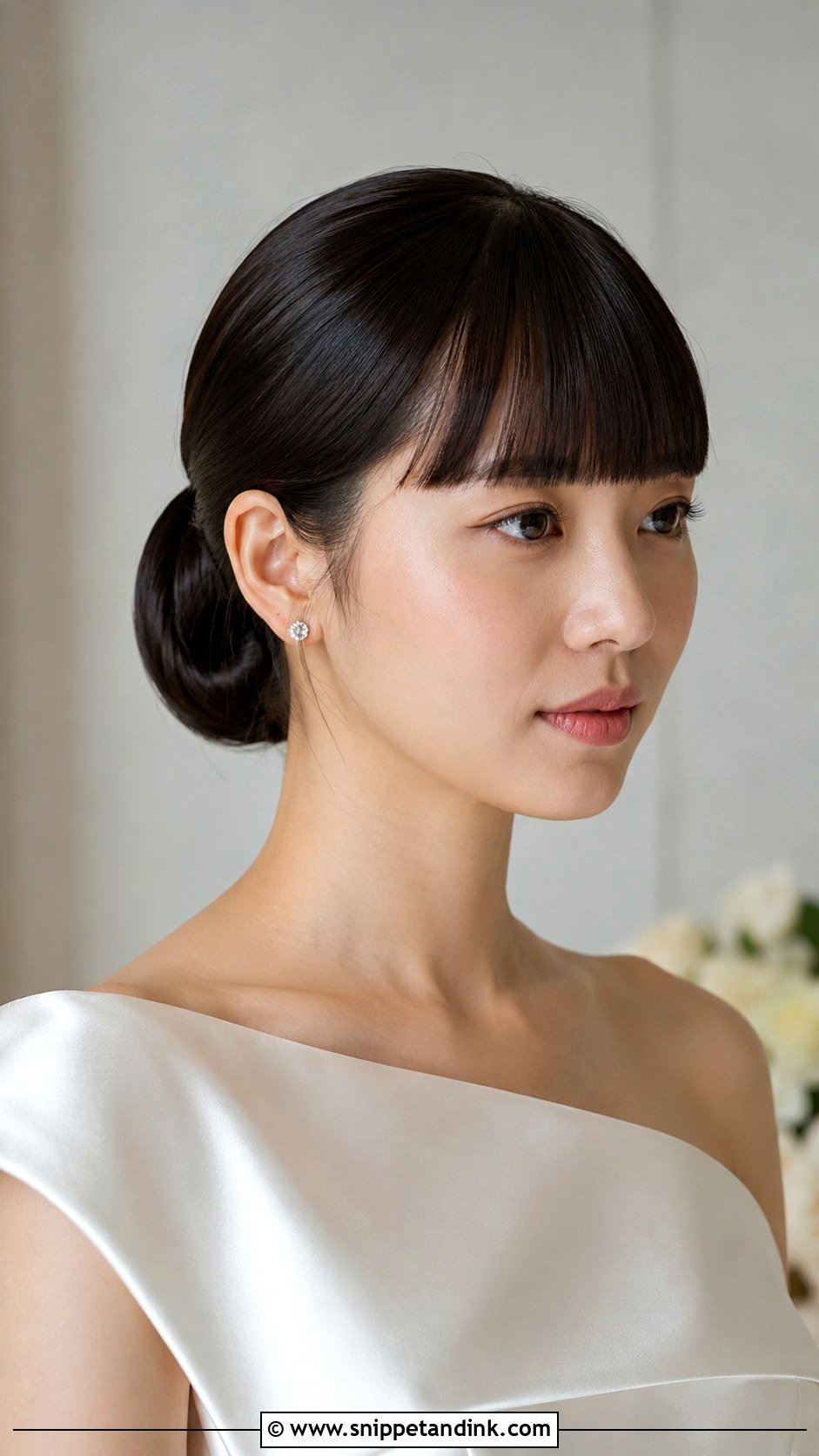 Bridal Sleek Bun With Blunt Bangs - Snippet and Ink - 20 Bridal Hairstyle with Bangs