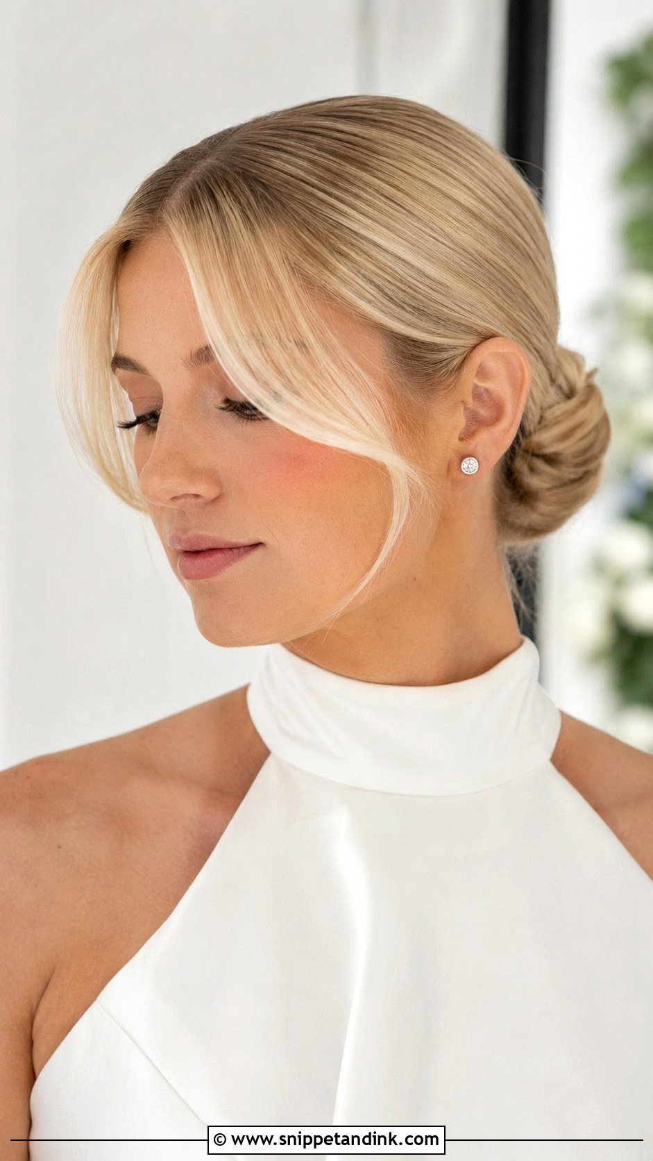 Bridal Sleek Bun With Curtain Bangs - Snippet and Ink - 20 Bridal Hair Curtain Bangs