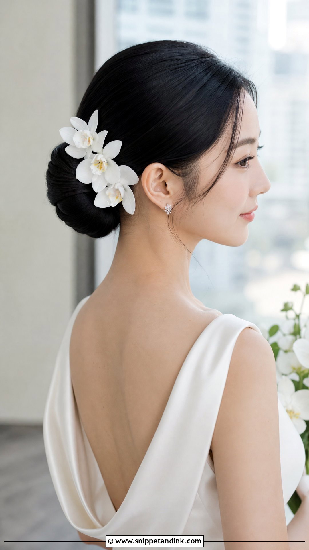 Bridal Sleek Bun With Flowers - Snippet and Ink - 15 Bridal Real Flower Hairstyle Ideas