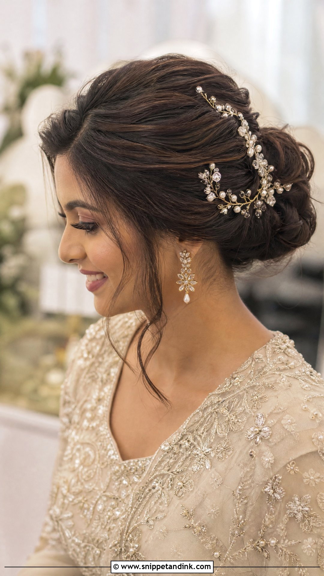 Bridal Textured Bun With Side Part - Snippet and Ink - 15 Big Forehead Bridal Hairstyles