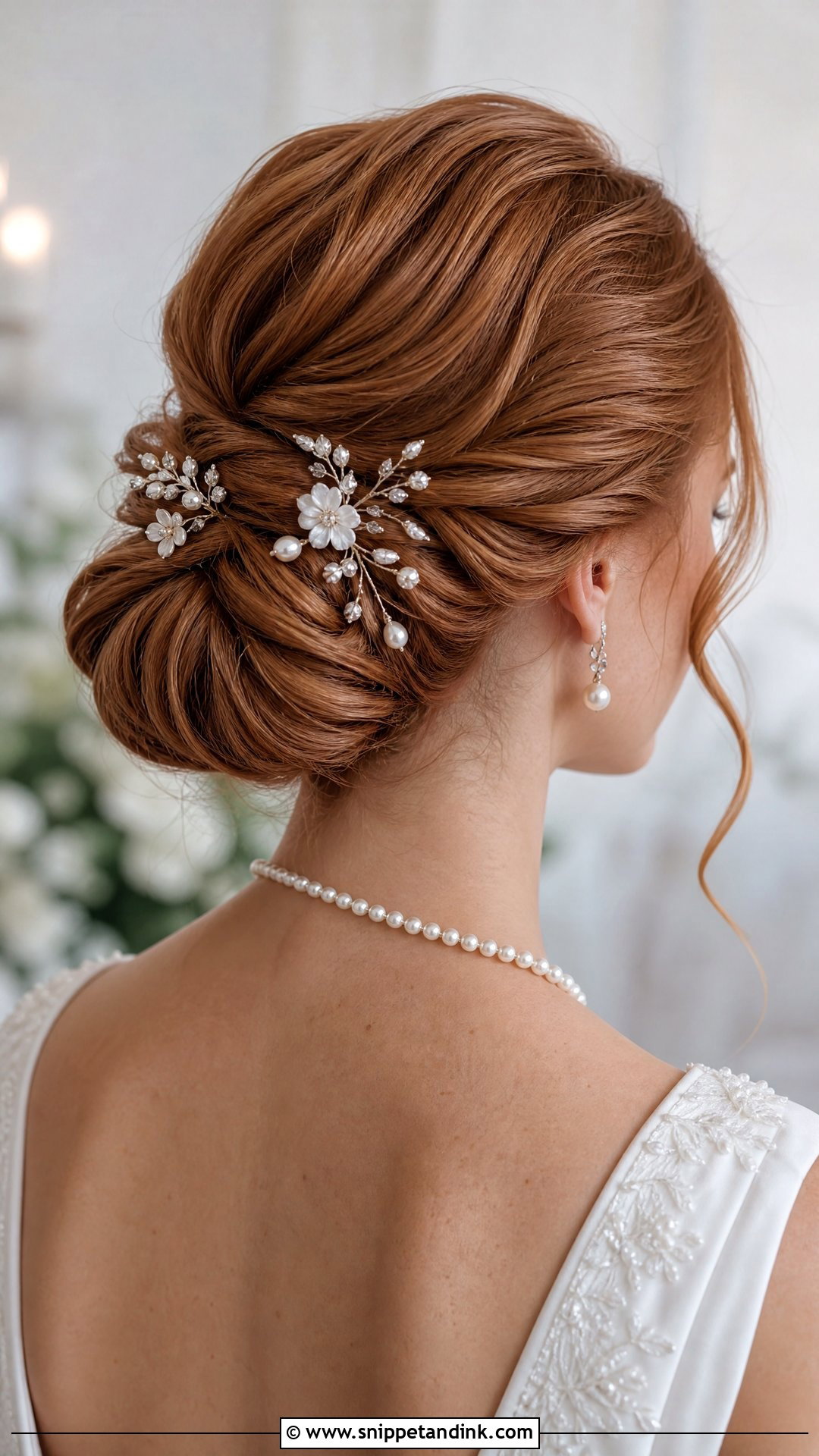 Bridal Updo With Floral Hair Pins - Snippet and Ink - 15 Bridal Updo with Flowers Ideas