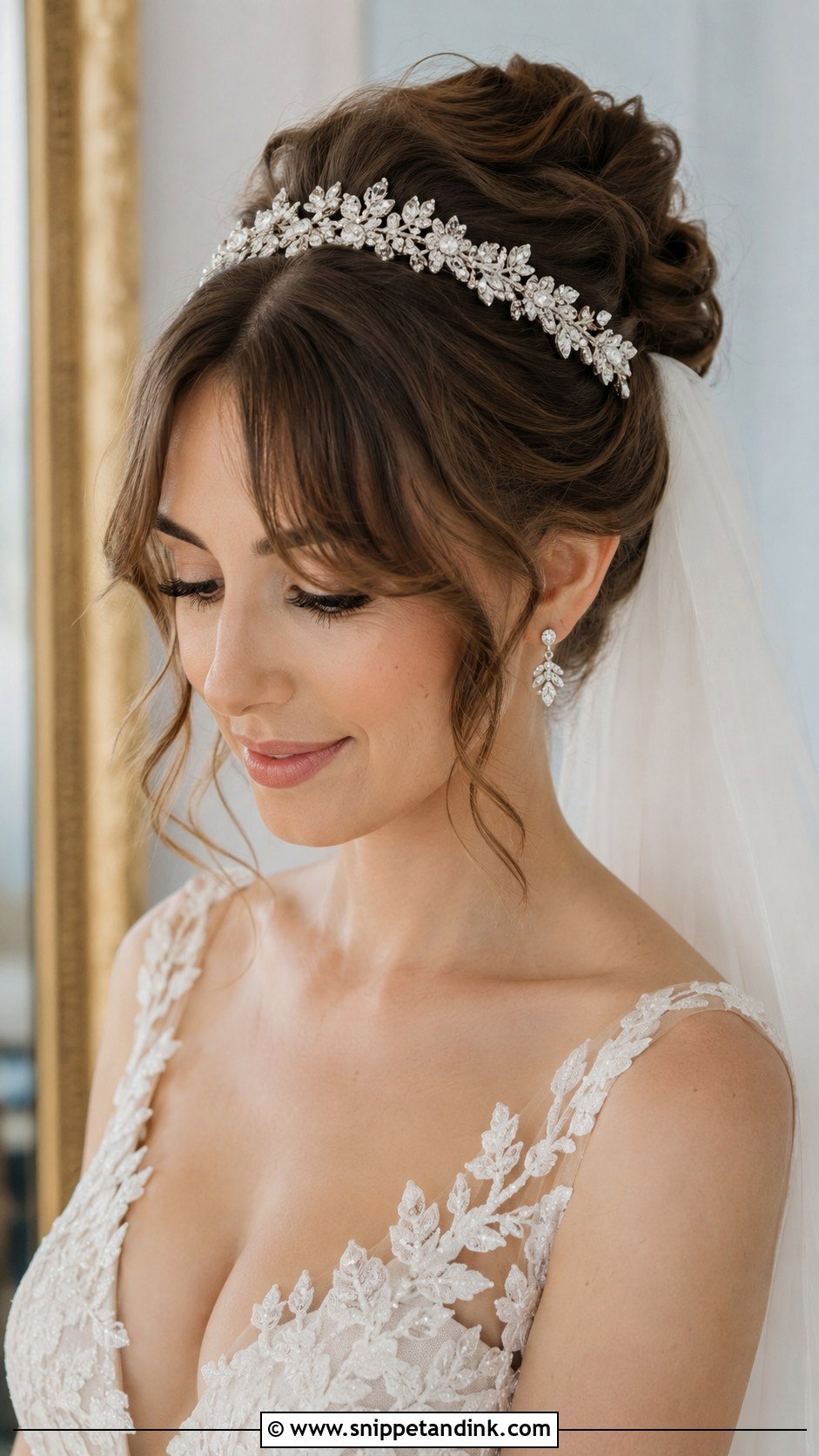 Bridal Updo With Headband And Curtain Bangs - Snippet and Ink - 20 Wedding Hair with Curtain Bangs Ideas