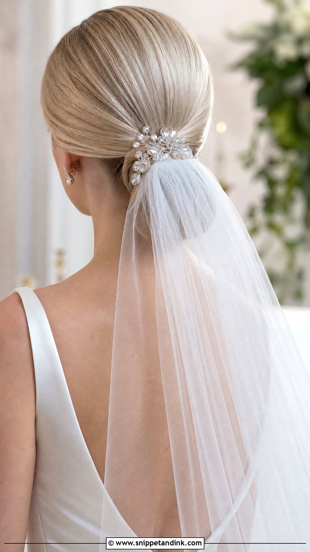 Bridal Veil Bun With Brooch - Snippet and Ink - 15 Bridal Hair Brooch Ideas