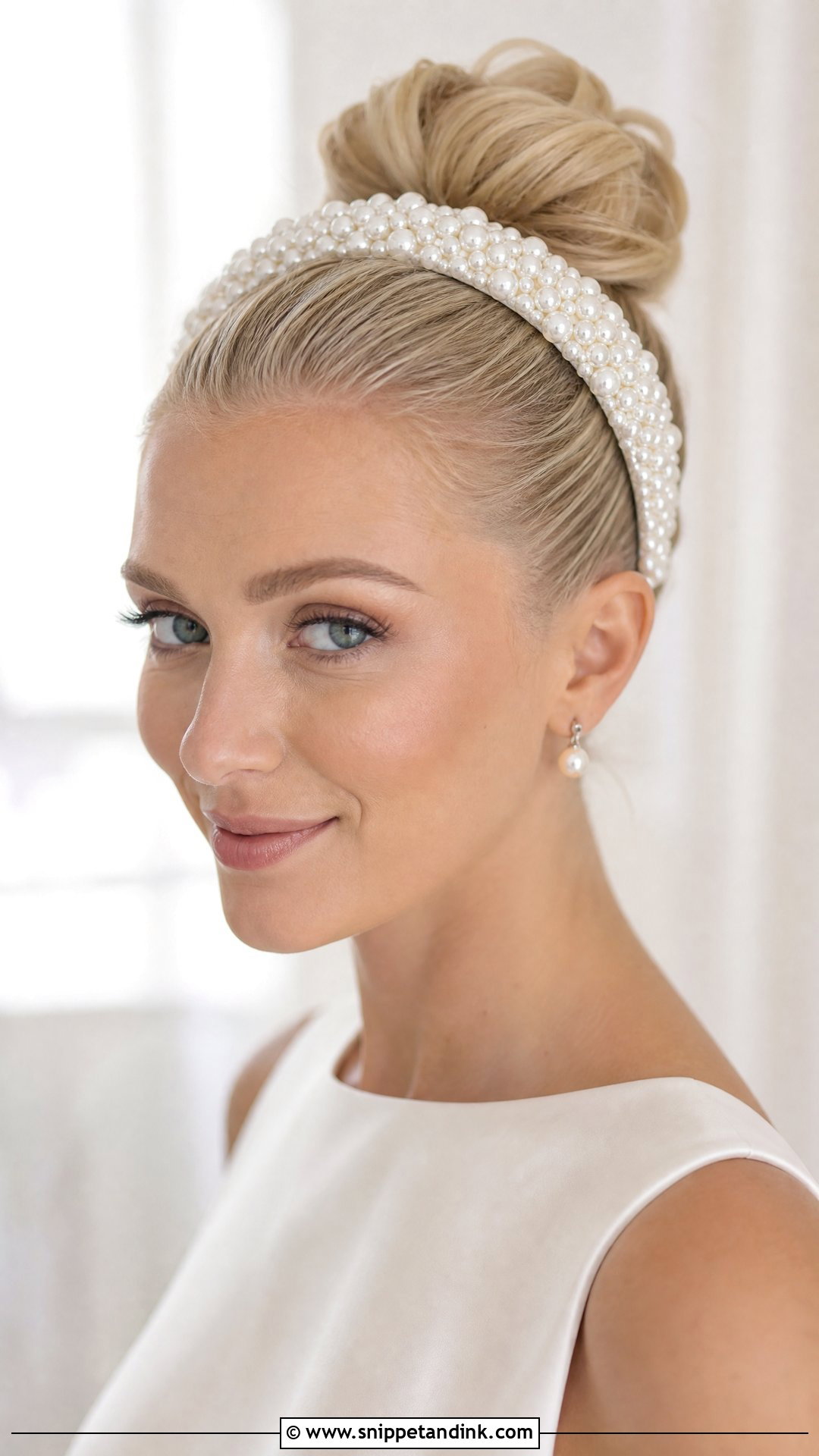 Bride High Bun With Pearl Headband - Snippet and Ink - 15 Bride Hairstyles with Pearls