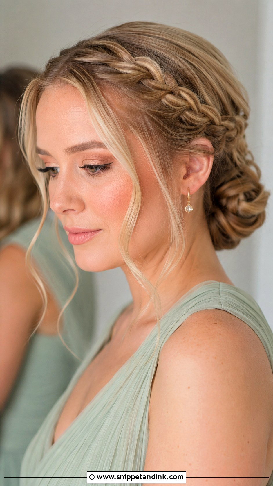 Bridesmaid Braided Low Bun And Peach Makeup - Snippet and Ink - 30 Bridesmaid Hair Makeup Ideas