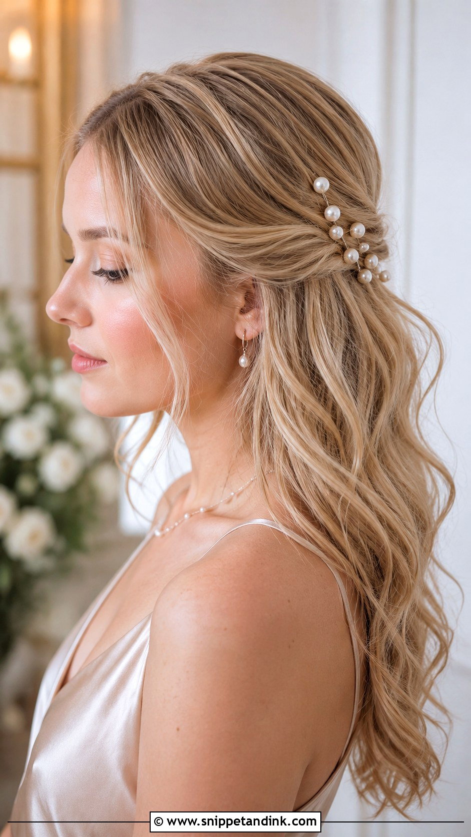 Bridesmaid Down Hair With Pearl Pins - Snippet and Ink - 20 Hair Styles for Bridesmaids Down