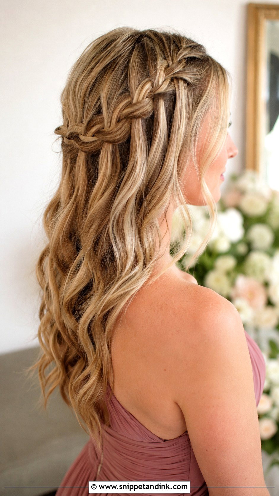 Bridesmaid Half Up Waterfall Braid - Snippet and Ink - 30 Bridesmaid Hair Half Up Ideas