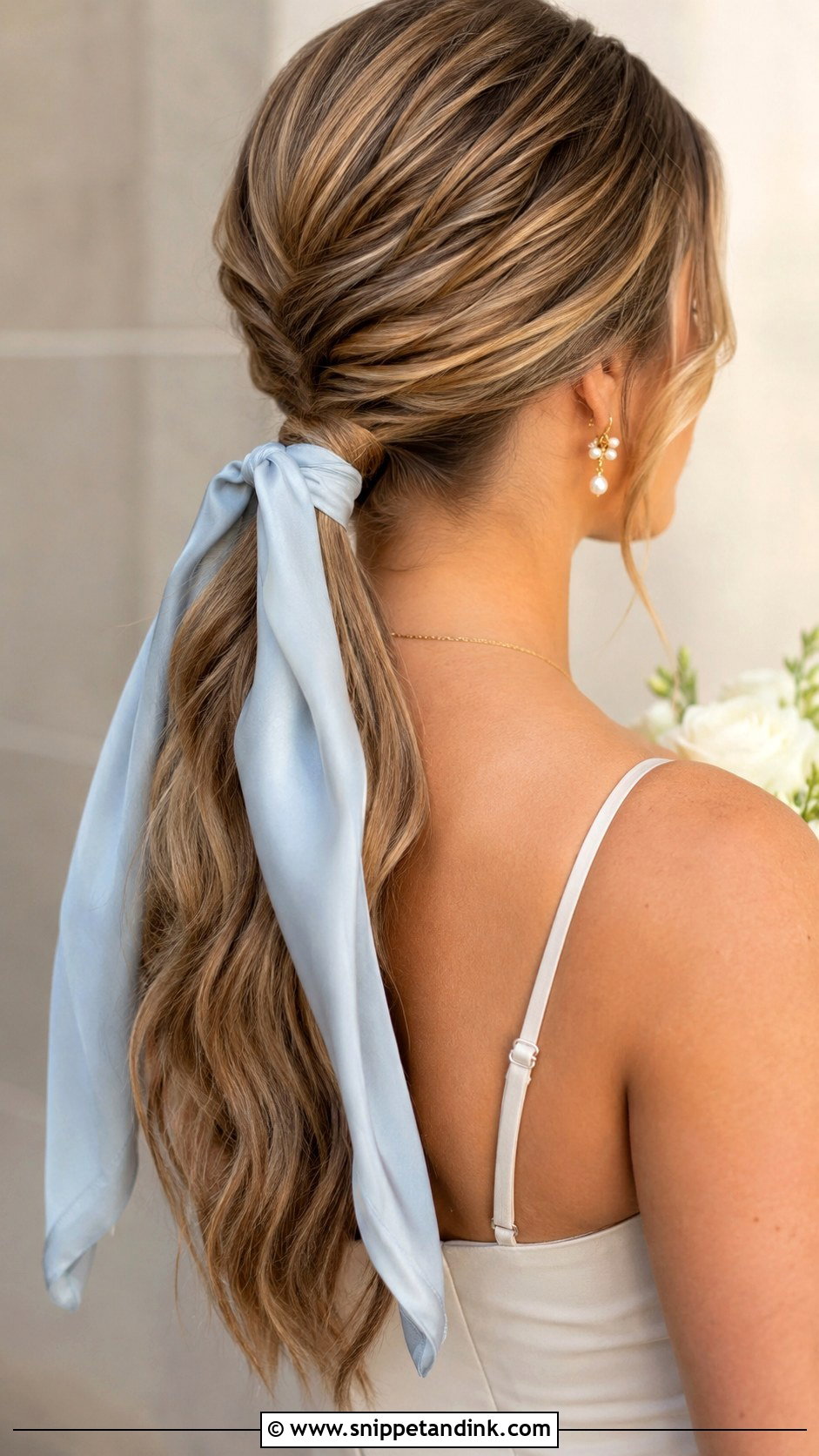 Bridesmaid Low Ponytail With Silk Scarf - Snippet and Ink - 20 Bridesmaid Hair Accessories Ideas