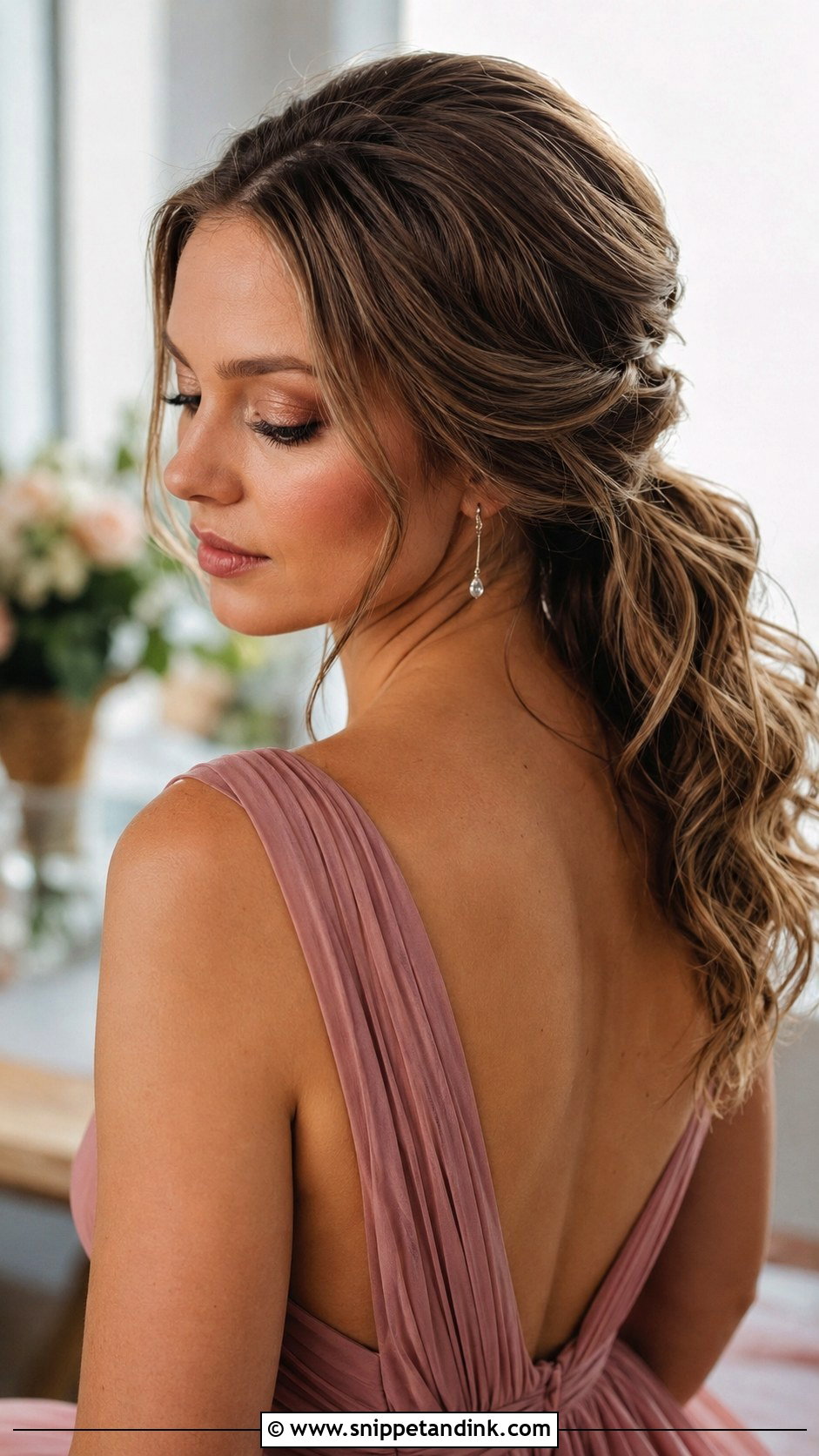 Bridesmaid Low Twisted Ponytail And Rose Gold Makeup - Snippet and Ink - 30 Bridesmaid Hair Makeup Ideas