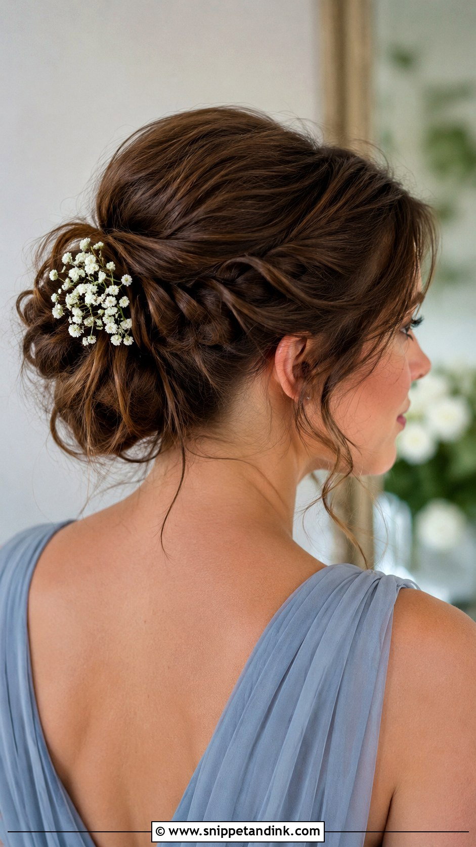 Bridesmaid Messy Bun With Baby Breath Pins - Snippet and Ink - 20 Bridesmaid Hair Accessories Ideas