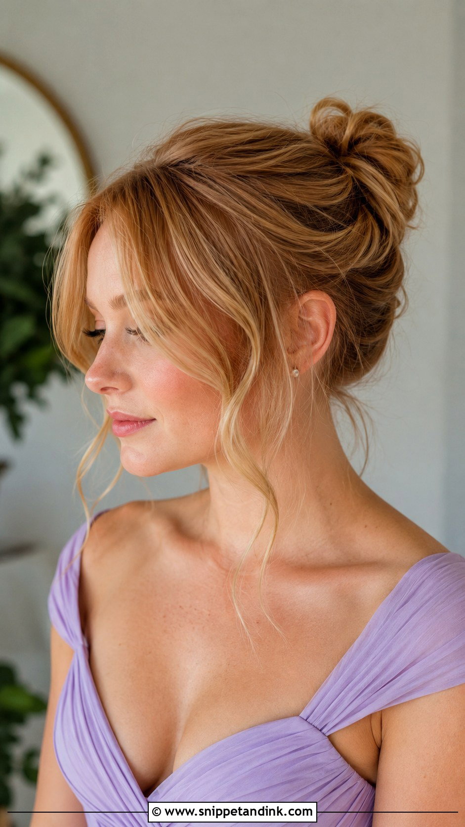 Bridesmaid Messy Bun With Curtain Bangs - Snippet and Ink - 20 Bridesmaid Hairstyles with Curtain Bangs
