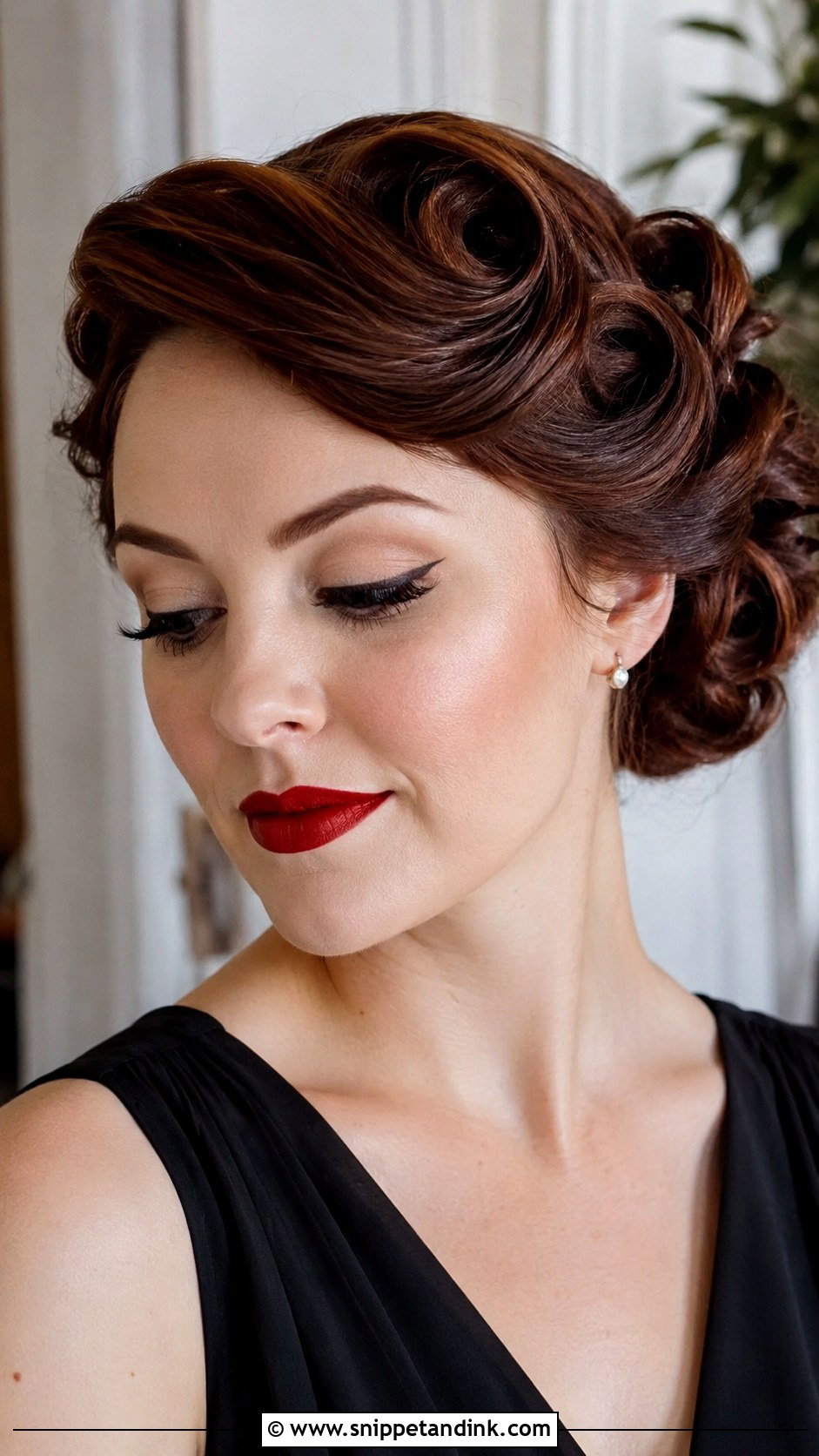 Bridesmaid Pin Curl Updo And Vintage Makeup - Snippet and Ink - 30 Bridesmaid Hair Makeup Ideas