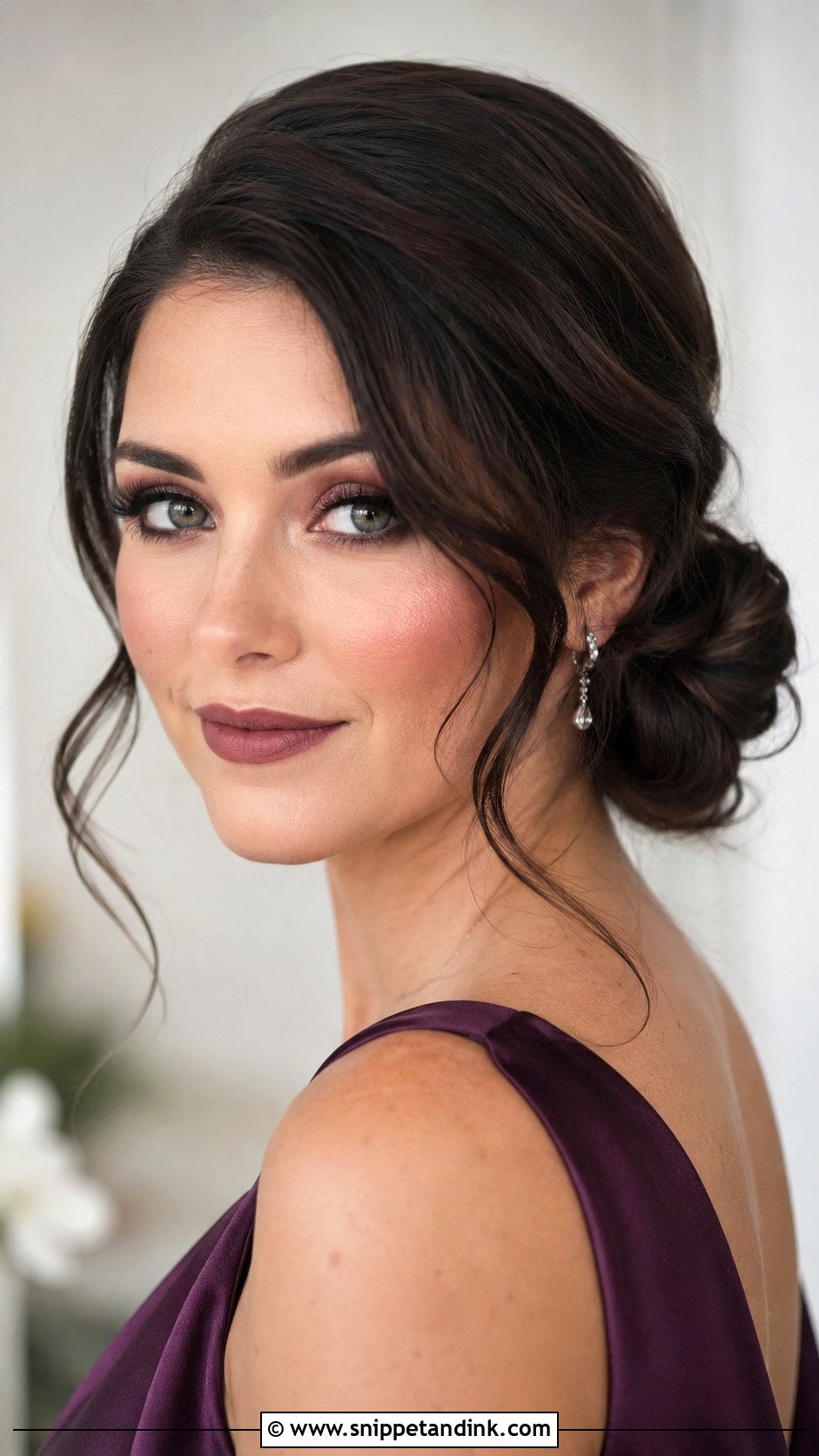 Bridesmaid Side Bun And Plum Makeup - Snippet and Ink - 30 Bridesmaid Hair Makeup Ideas