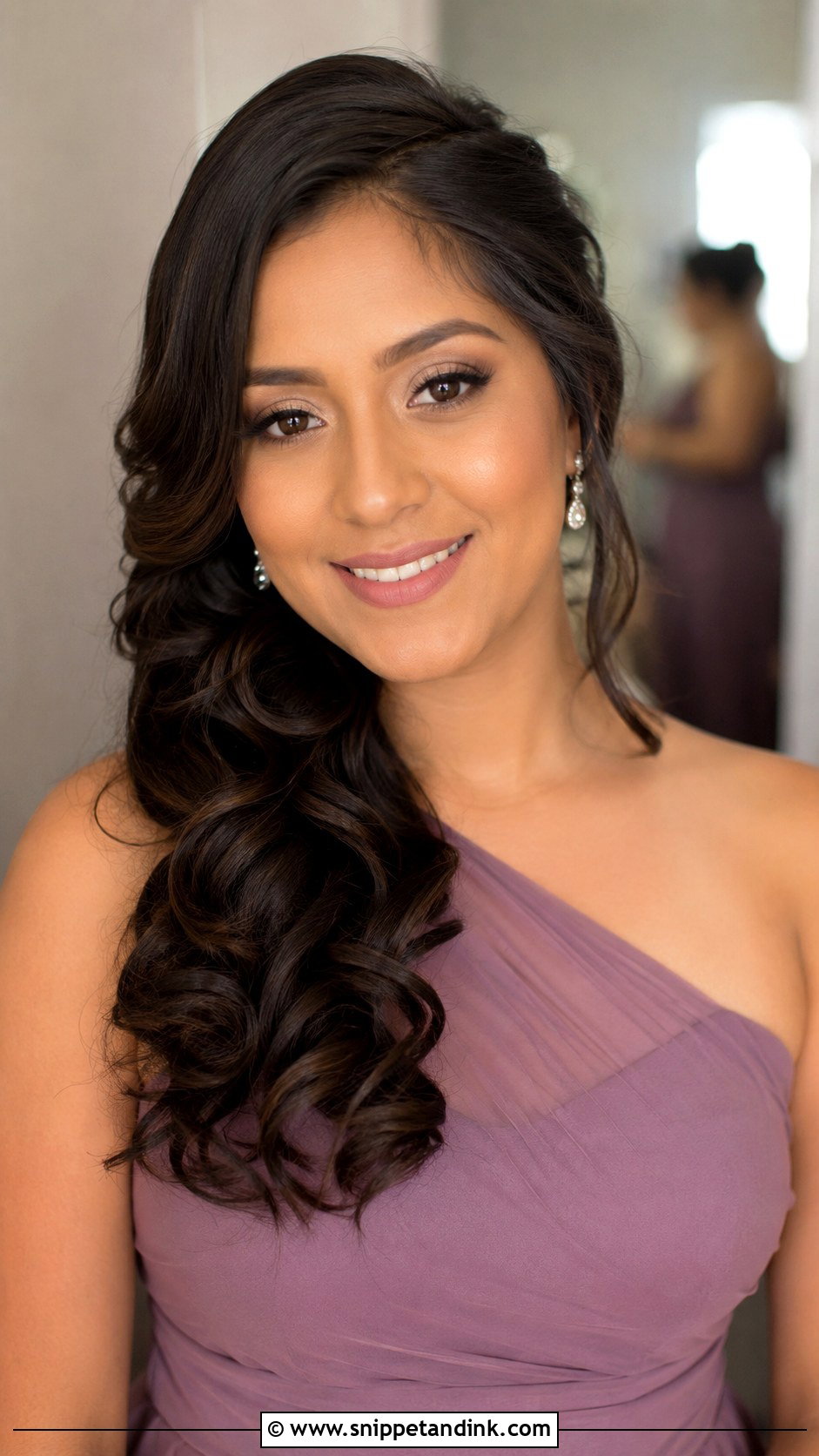 Bridesmaid Side Swept Curls And Neutral Makeup - Snippet and Ink - 30 Bridesmaid Hair Makeup Ideas