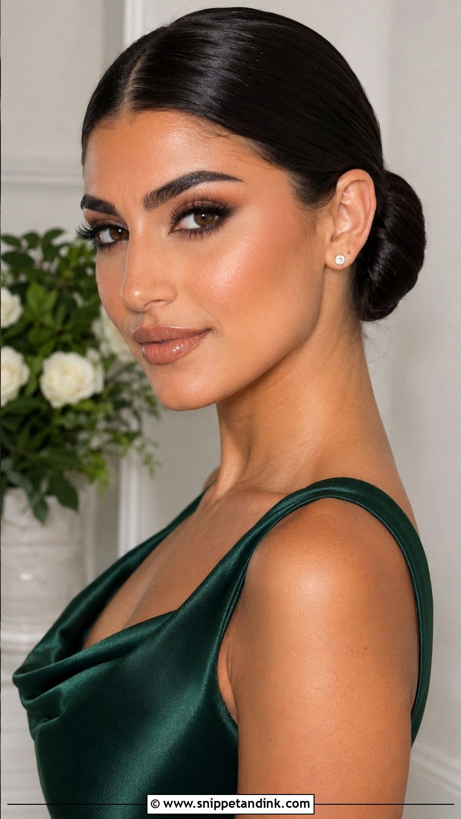 Bridesmaid Sleek Bun And Smokey Eye Makeup - Snippet and Ink - 30 Bridesmaid Hair Makeup Ideas