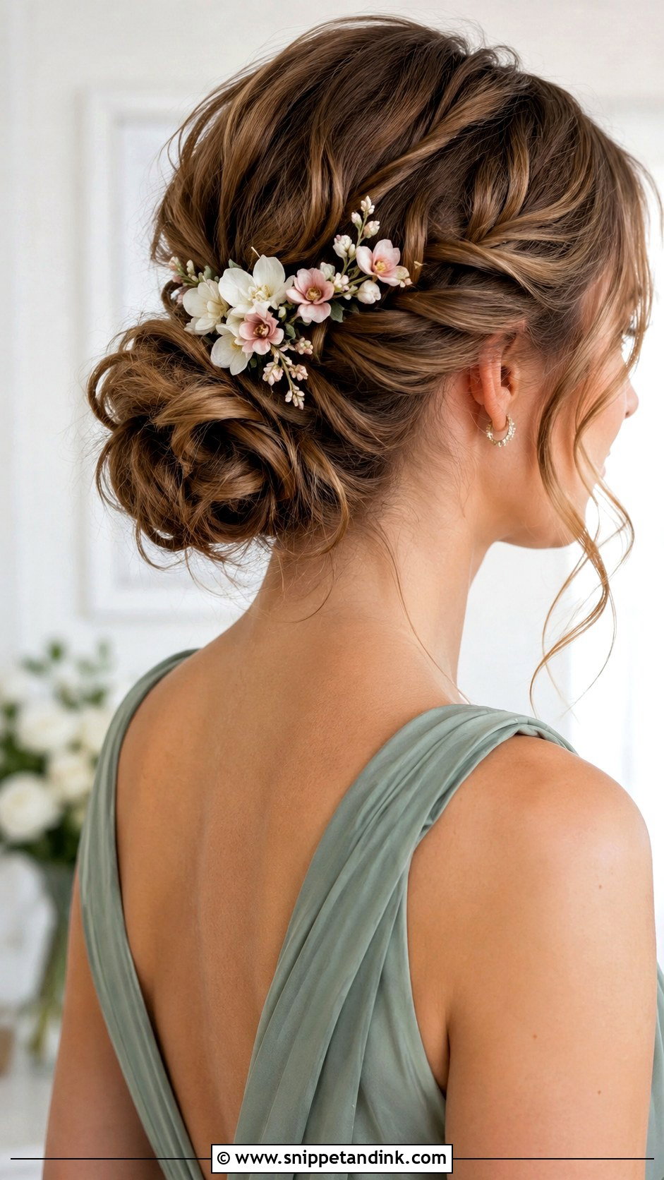 Bridesmaid Updo With Floral Hair Pins - Snippet and Ink - 20 Bridesmaid Hair Accessories Ideas